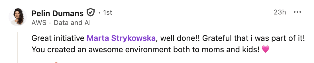 LinkedIn comment from Pelin Dumans of AWS Data and AI praising Marta Strykowska's Mother's Day vibe coding event